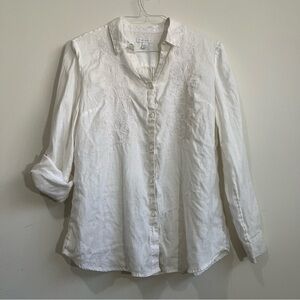 Charter Club Linen Button Up Shirt Women’s L White Embroidered Roll Tap Sleeve
